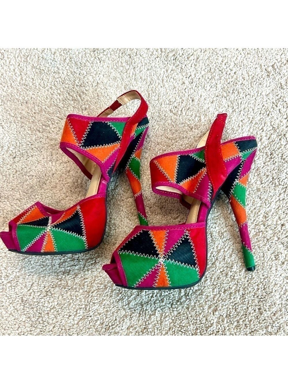 Sheikh Retro Multicolored stitched patchwork peep open toe Platform high Heels